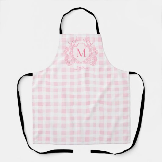 Blush Pink Gingham Floral Crest Monogram エプロン (正面)