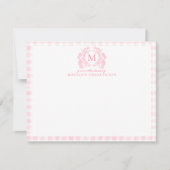 Blush Pink Gingham Floral Crest Monogram ノートカード (正面)