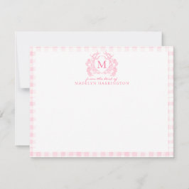 Blush Pink Gingham Floral Crest Monogram ノートカード