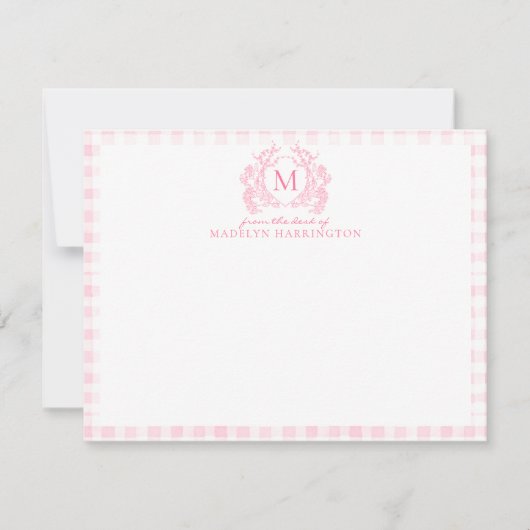 Blush Pink Gingham Floral Crest Monogram ノートカード (正面)