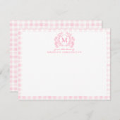 Blush Pink Gingham Floral Crest Monogram ノートカード (正面/裏面)