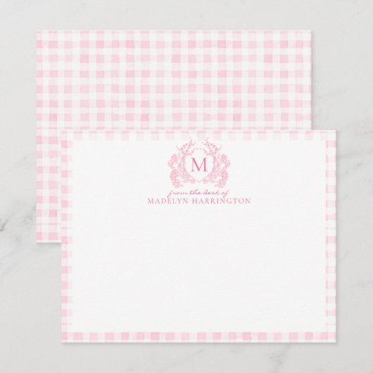 Blush Pink Gingham Floral Crest Monogram ノートカード (正面/裏面)