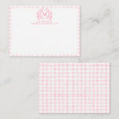 Blush Pink Gingham Floral Crest Monogram ノートカード (正面/裏面)