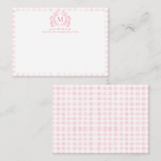 Blush Pink Gingham Floral Crest Monogram ノートカード (正面/裏面)