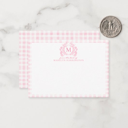 Blush Pink Gingham Floral Crest Monogram ノートカード (正面/裏面インサイチュ)