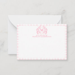 Blush Pink Gingham Floral Crest Monogram ノートカード