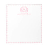 Blush Pink Gingham Floral Crest Monogram ノートパッド (正面)