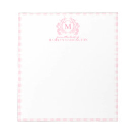 Blush Pink Gingham Floral Crest Monogram ノートパッド
