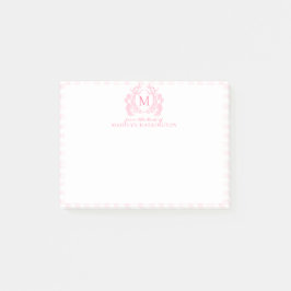 Blush Pink Gingham Floral Crest Monogram ポストイット
