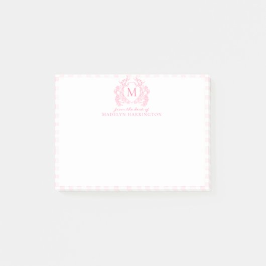Blush Pink Gingham Floral Crest Monogram ポストイット (正面)