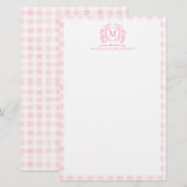 Blush Pink Gingham Floral Crest Monogram 便箋 (正面/裏面)