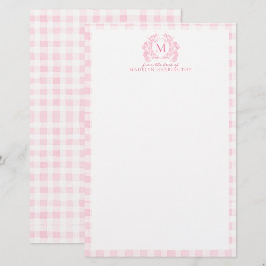 Blush Pink Gingham Floral Crest Monogram 便箋 (正面/裏面)