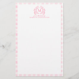 Blush Pink Gingham Floral Crest Monogram 便箋