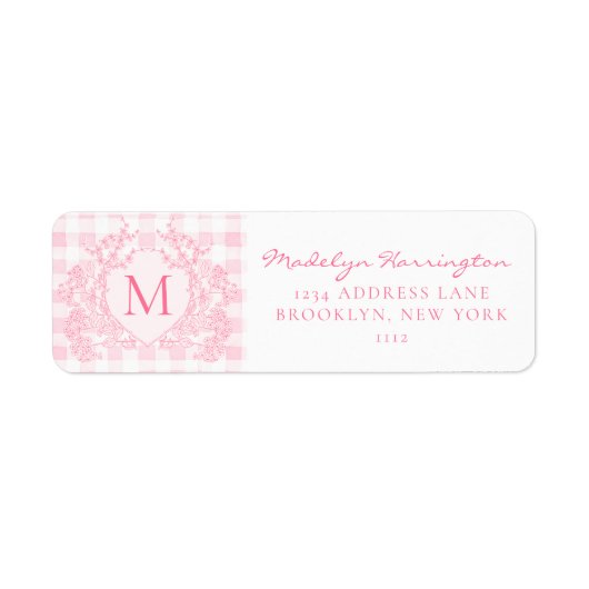 Blush Pink Gingham Floral Crest Monogram Address ラベル (正面)
