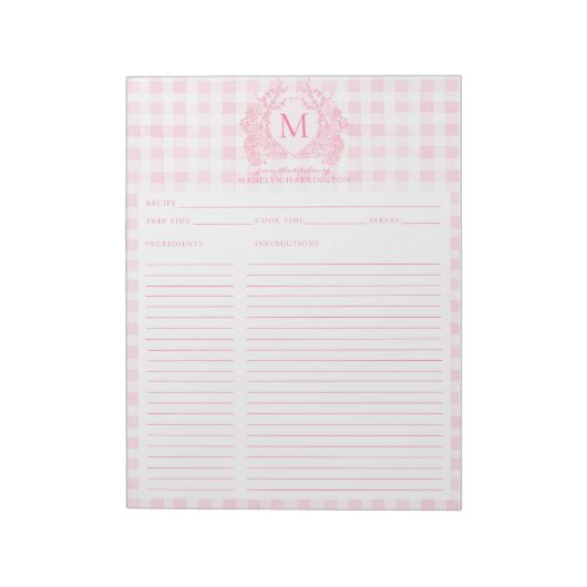 Blush Pink Gingham Floral Crest Monogram Recipe ノートパッド (回転)
