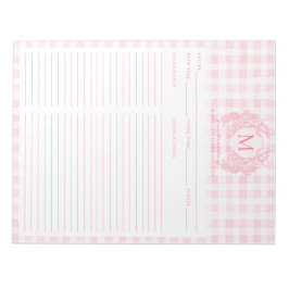 Blush Pink Gingham Floral Crest Monogram Recipe ノートパッド