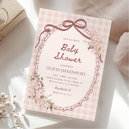 Blush Pink Gingham Floral Vintage Girl Baby Shower 招待状