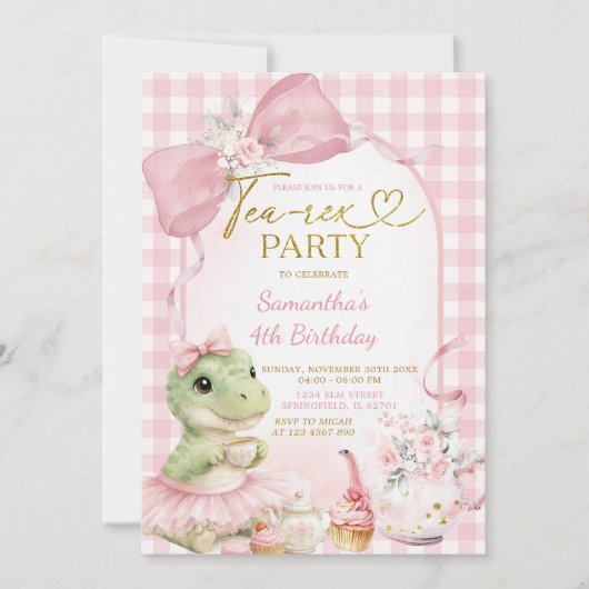 Blush Pink Gingham Tea-Rex Party Bow Dino Birthday 招待状 (正面)