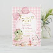 Blush Pink Gingham Tea-Rex Party Bow Dino Birthday 招待状 (スタンド正面)