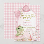 Blush Pink Gingham Tea-Rex Party Bow Dino Birthday 招待状 (正面/裏面)
