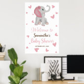 Blush Pink Girl Elephant Baby Shower Welcome Sign ポスター (ホームオフィス)
