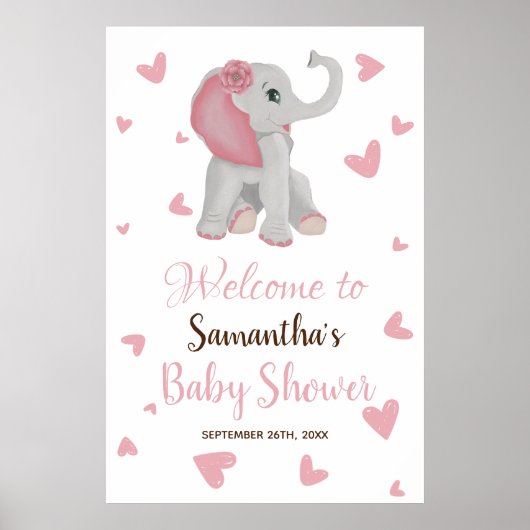 Blush Pink Girl Elephant Baby Shower Welcome Sign ポスター (正面)