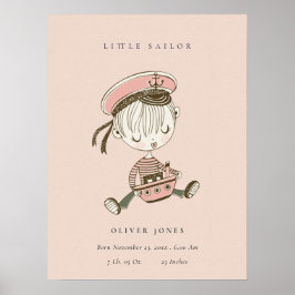 Blush Pink Girl Little Sailor Nautical Birth Stat ポスター