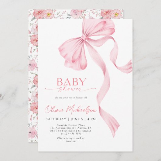 Blush Pink Girl Ribbon Bow Coquette Baby Shower 招待状 (正面/裏面)