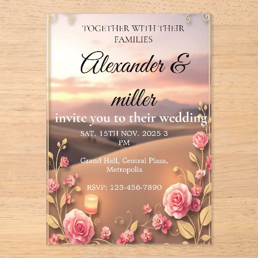 Blush Pink Gold Acrylic Wedding Invitation | Roman アクリル招待状 (正面)