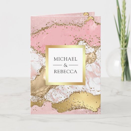 Blush Pink Gold Agate Marble QR Code Photo Wedding 招待状 (正面)