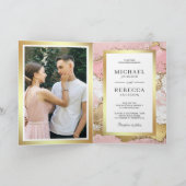 Blush Pink Gold Agate Marble QR Code Photo Wedding 招待状 (内部)
