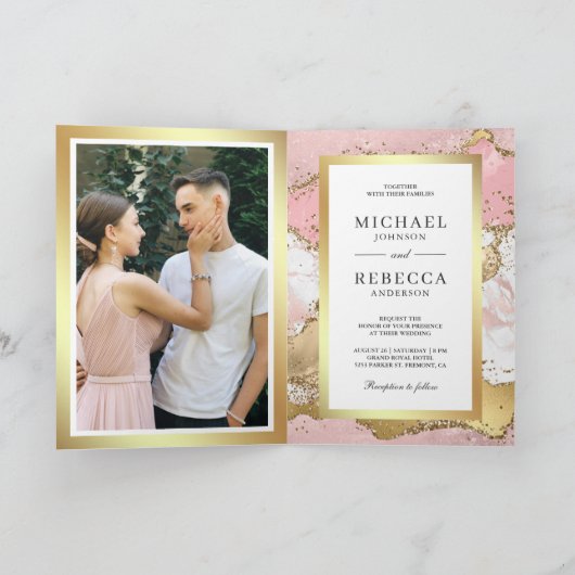 Blush Pink Gold Agate Marble QR Code Photo Wedding 招待状 (内部)