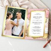 Blush Pink Gold Agate Marble QR Code Photo Wedding 招待状