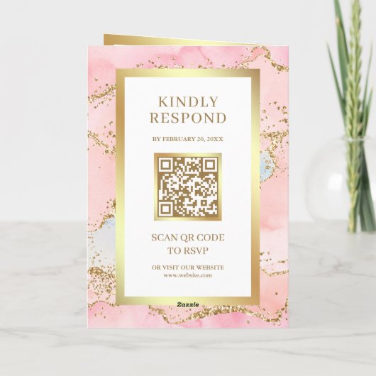 Blush Pink Gold Agate Marble QR Code Wedding 招待状 (裏面)