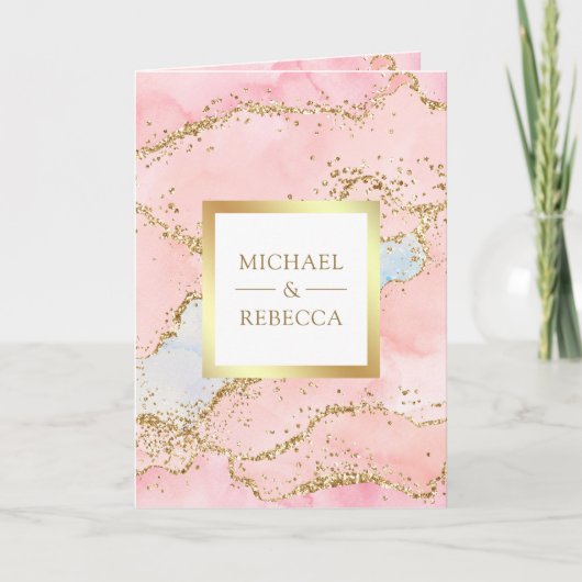 Blush Pink Gold Agate Marble QR Code Wedding 招待状 (正面)