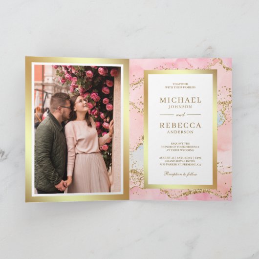 Blush Pink Gold Agate Marble QR Code Wedding 招待状 (内部)
