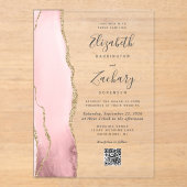 Blush Pink Gold Agate QR Code Wedding アクリル招待状 (正面)