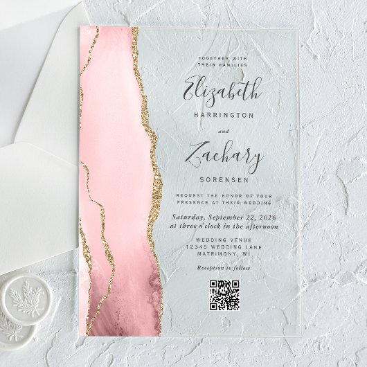 Blush Pink Gold Agate QR Code Wedding アクリル招待状