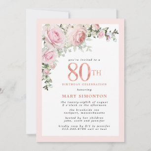 Blush Pink Gold Floral 80歳の誕生日パーティー 招待状