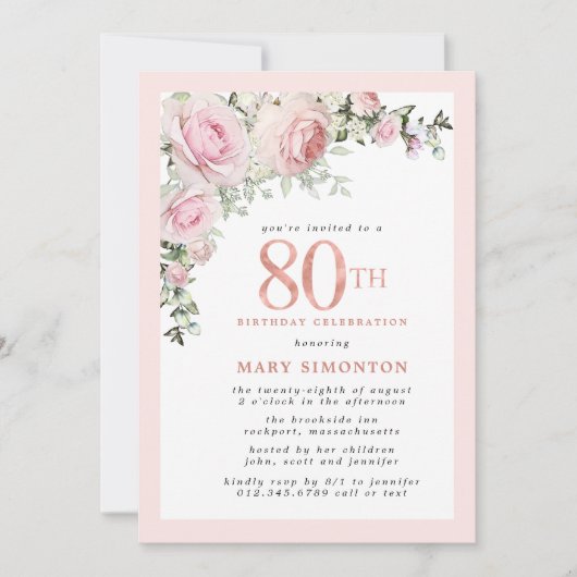 Blush Pink Gold Floral 80歳の誕生日パーティー 招待状 (正面)