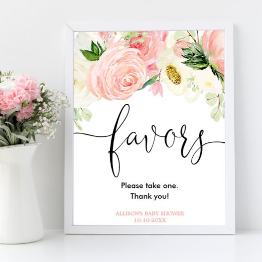 Blush pink gold floral elegant favors sign ポスター