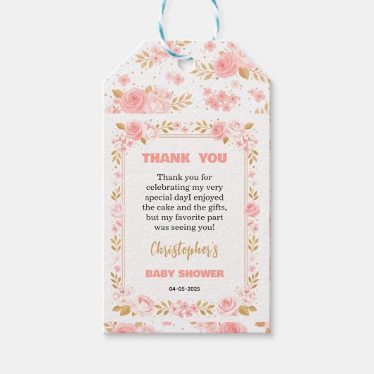 Blush Pink & Gold Floral Girl Baby Shower ギフトタグ (正面)