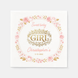 Blush Pink & Gold Floral Girl Baby Shower スタンダードカクテルナプキン