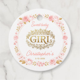 Blush Pink & Gold Floral Girl Baby Shower フェイバータグ