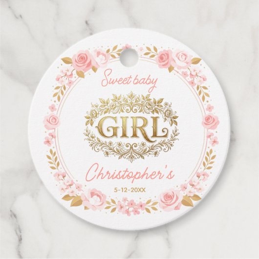 Blush Pink & Gold Floral Girl Baby Shower フェイバータグ (正面)