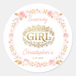 Blush Pink & Gold Floral Girl Baby Shower ラウンドシール
