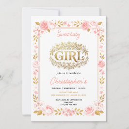Blush Pink & Gold Floral Girl Baby Shower 招待状