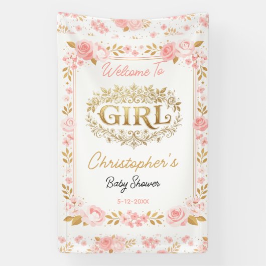 Blush Pink & Gold Floral Girl Baby Shower 横断幕 (縦)