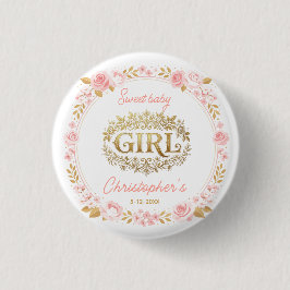 Blush Pink & Gold Floral Girl Baby Shower 缶バッジ