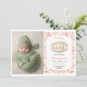 Blush Pink & Gold Floral Girl Baby Shower photo 招待状 (スタンド正面)